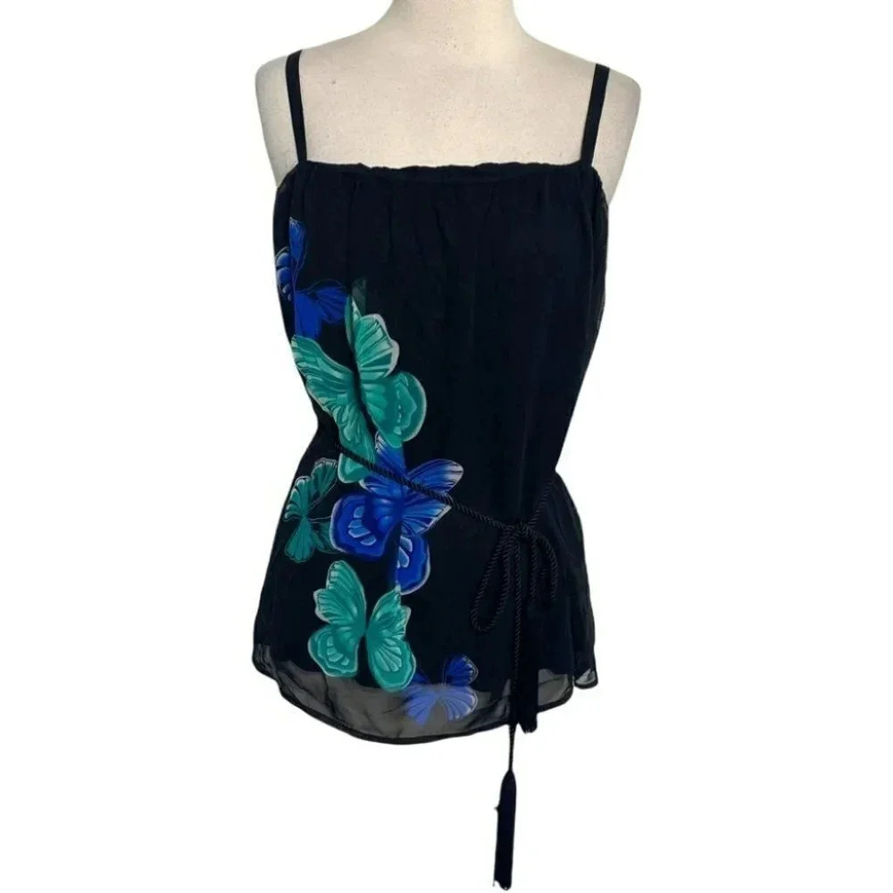 Bisou Bisou Michele‎ Bohbot Butterfly Camisole XL Black Blue Tassel Belt Y2K